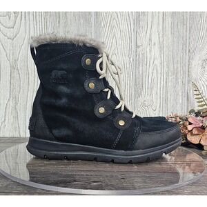 Sorel Explorer Joan Women's‎ 8 Waterproof Black Suede Faux Fur Winter Boots